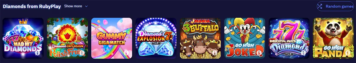 A dark casino lobby row titled “Diamonds from RubyPlay” showing colourful slot game tiles with diamond, fruit, gummy candy, buffalo, joker and panda themes.