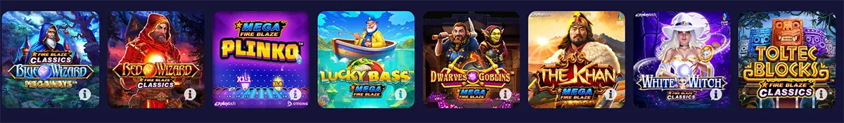 A horizontal “Fire Blaze Classics” game row featuring fantasy-themed slot tiles like Blue Wizard, Red Wizard, Plinko, Lucky Bass, Dwarves & Goblins, The Khan, White Witch, and Totec Blocky.